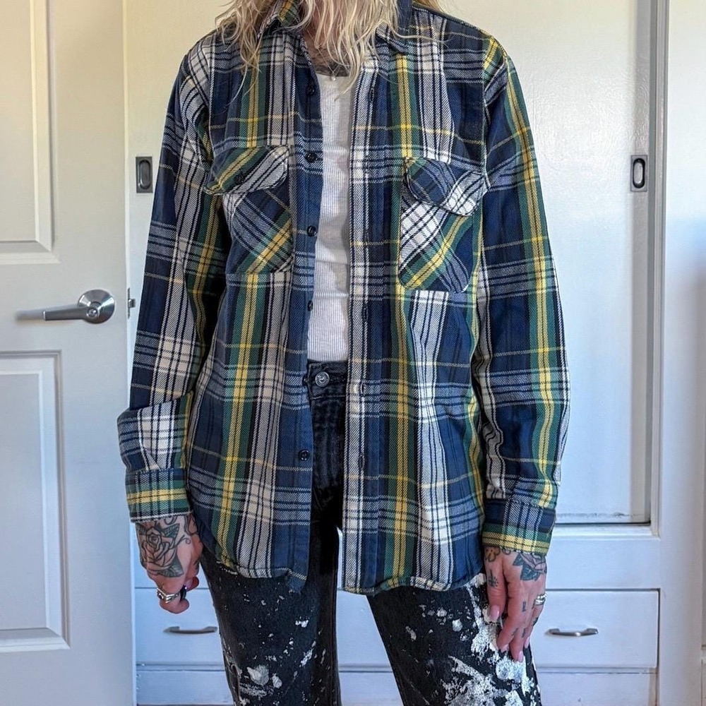 Vintage 1980s 1990s 5 brothers navy green and yellow button down flannel shirt - Picture 3 of 5